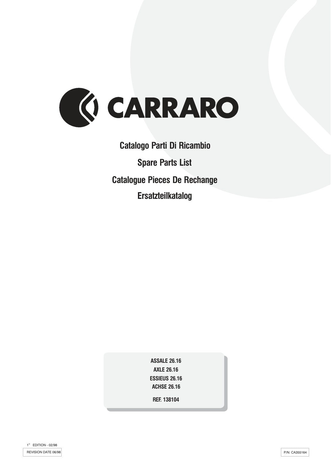 Carraro 26.16 Axle Parts Catalog (Ref. 138104) – cover