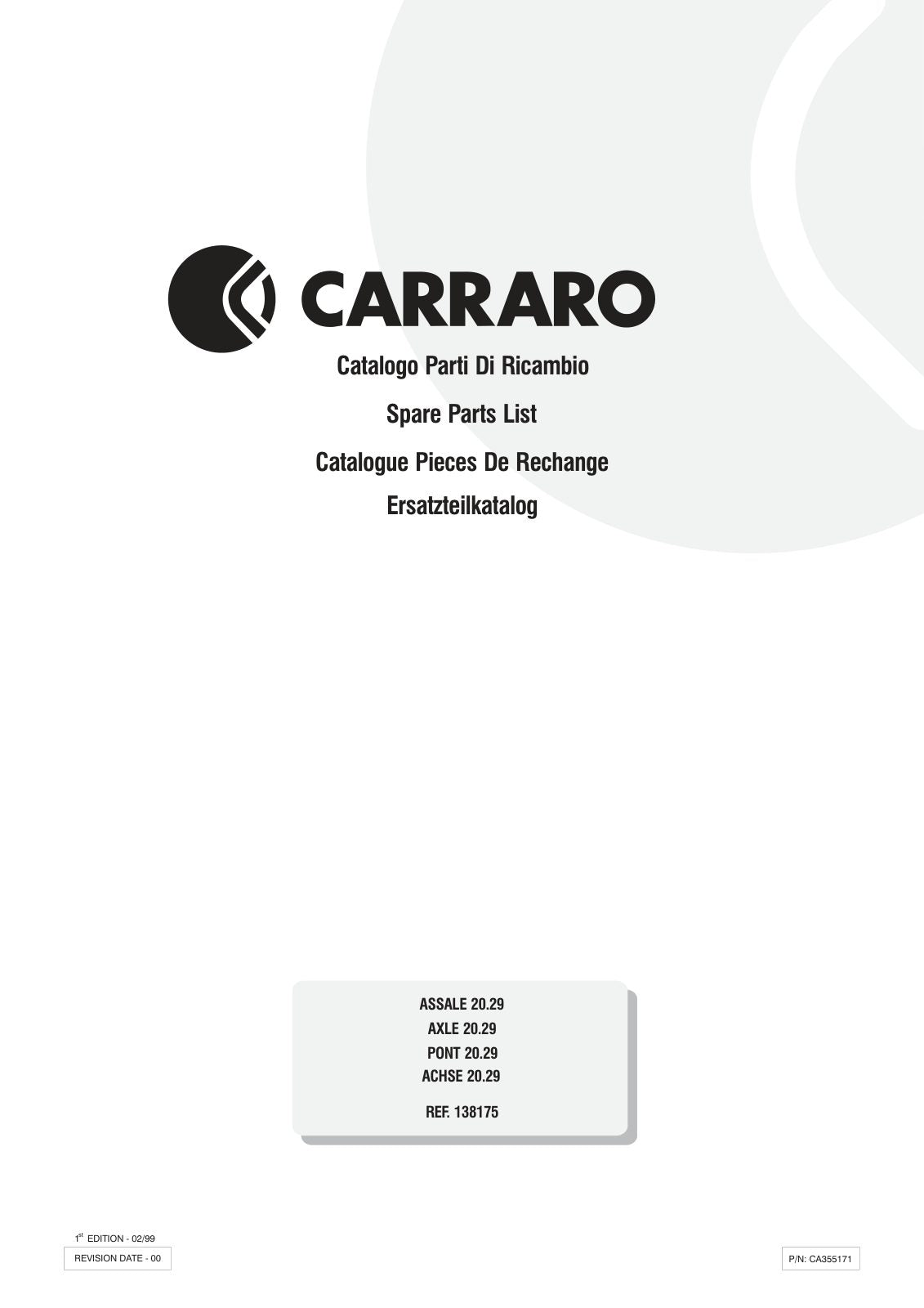 Carraro 20.29 Axle Parts Catalog (Ref. 138175) – cover