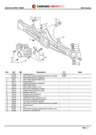 Carraro 26.16 Axle Parts Catalog (Ref. 138204, 122964) – sample page 1