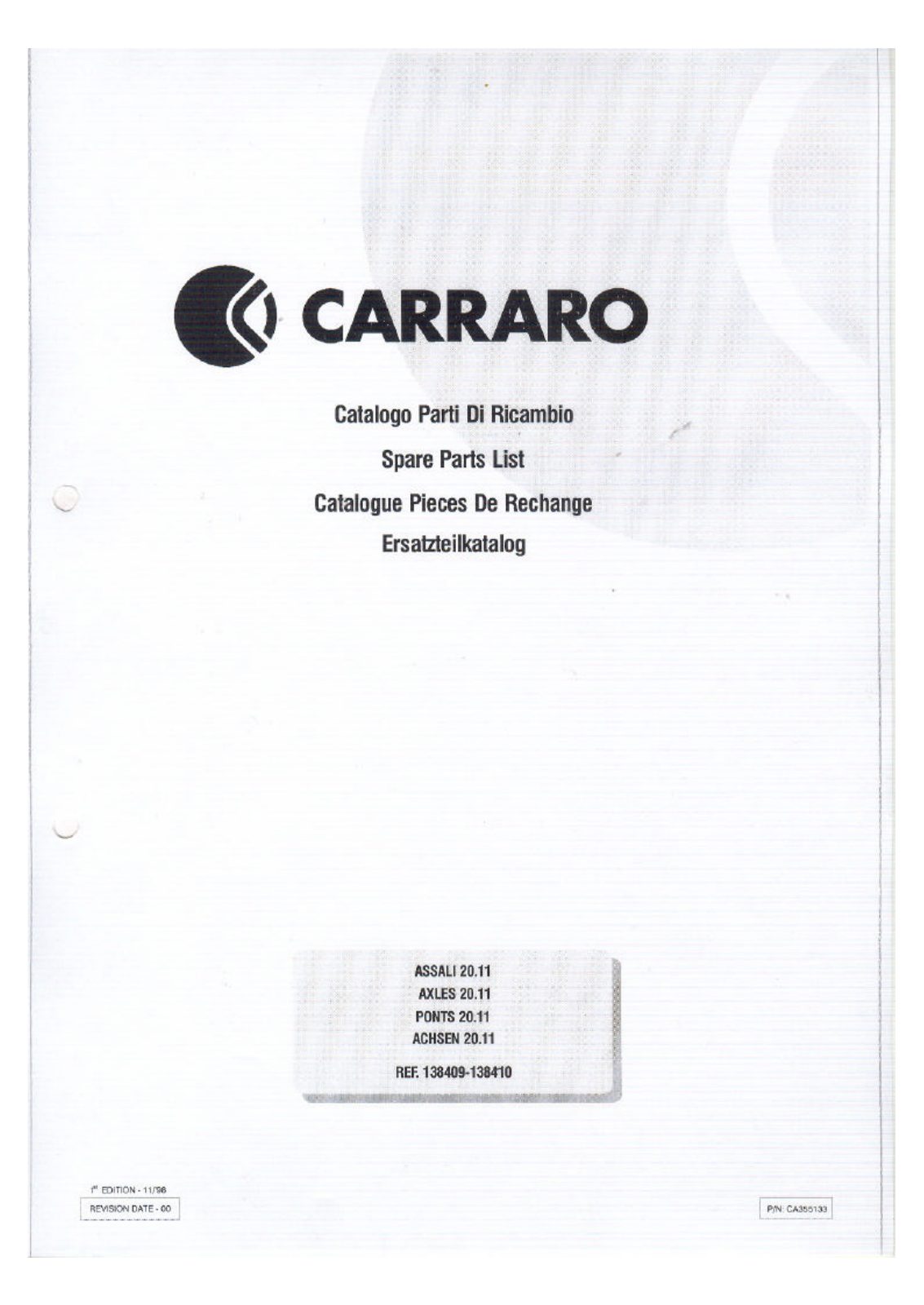 Carraro 20.11 Axle Parts Catalog (Ref. 138410, 138409) – cover