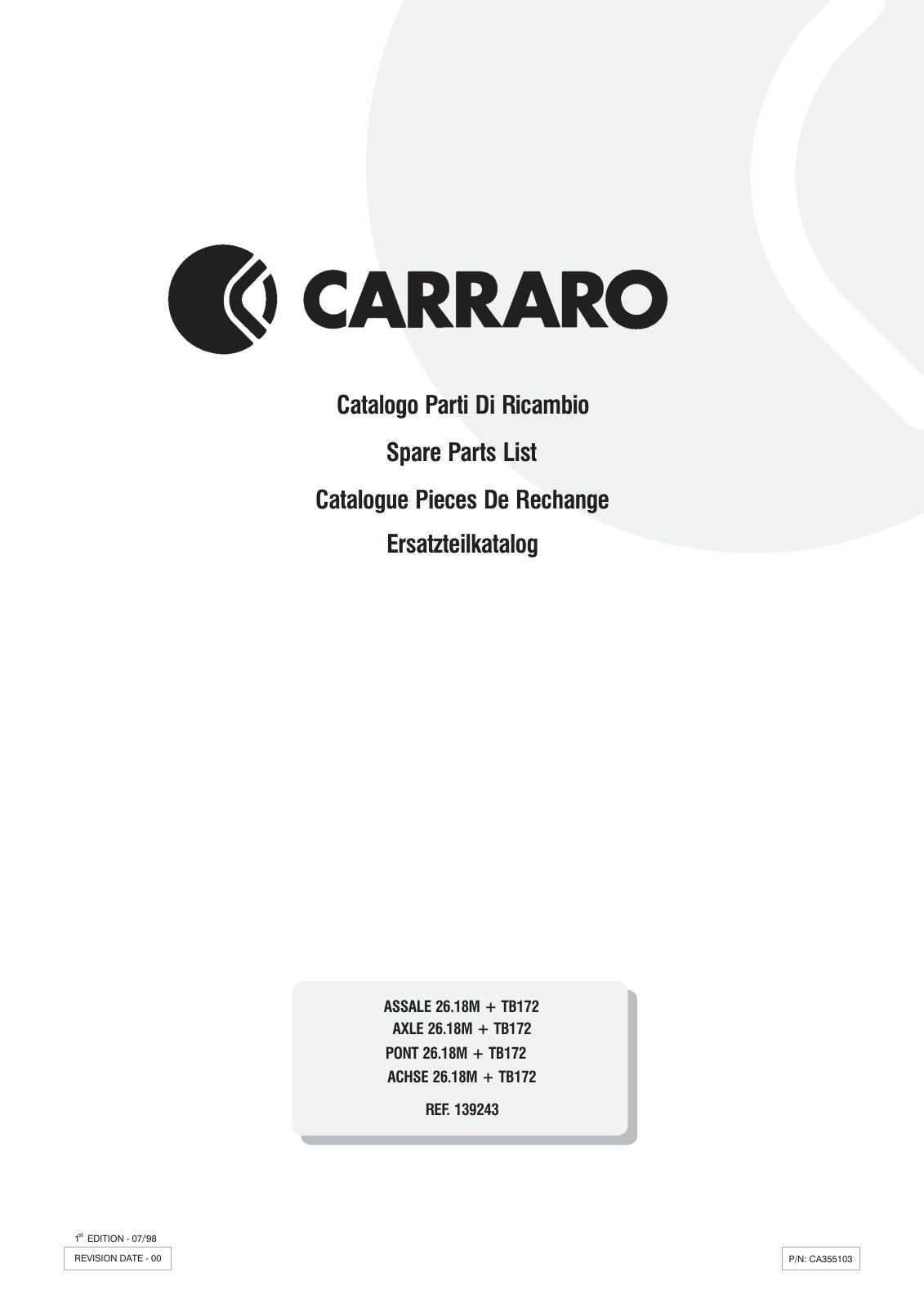 Carraro 26.18M + TB172 Axle with Transfer Box Parts Catalog (Ref. 139243) – cover