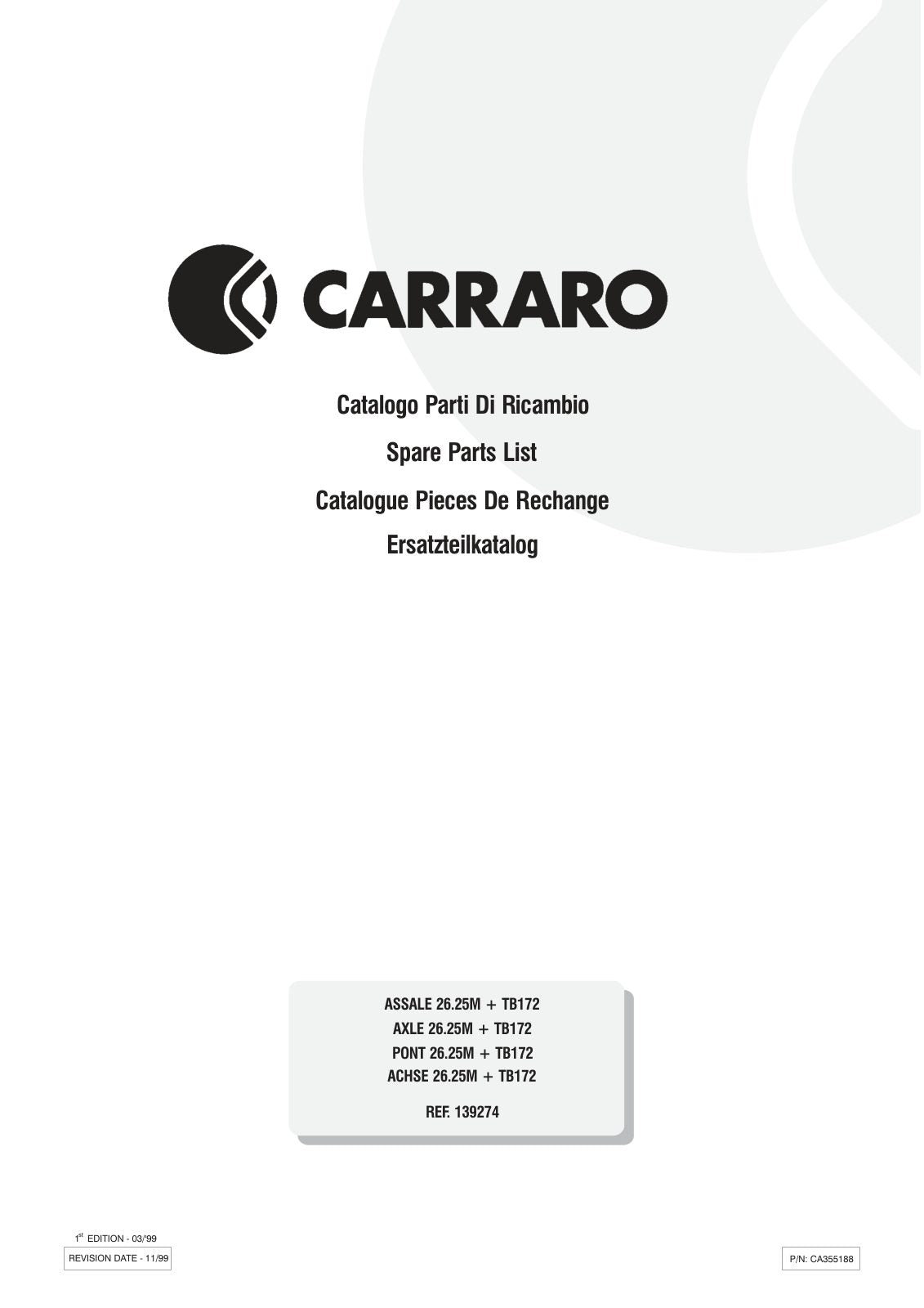 Carraro 26.25M + TB172 Axle with Transfer Box Parts Catalog (Ref. 139274) – cover