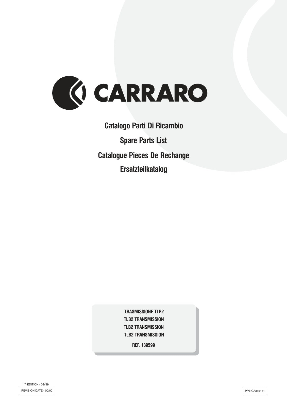 Carraro TLB2 Transmission Parts Catalog (Ref. 139599) – cover