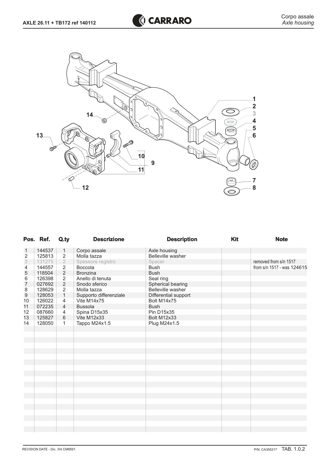 Carraro 26.11 + TB172 Axle with Transfer Box Parts Catalog (Ref. 140112) – sample page 1
