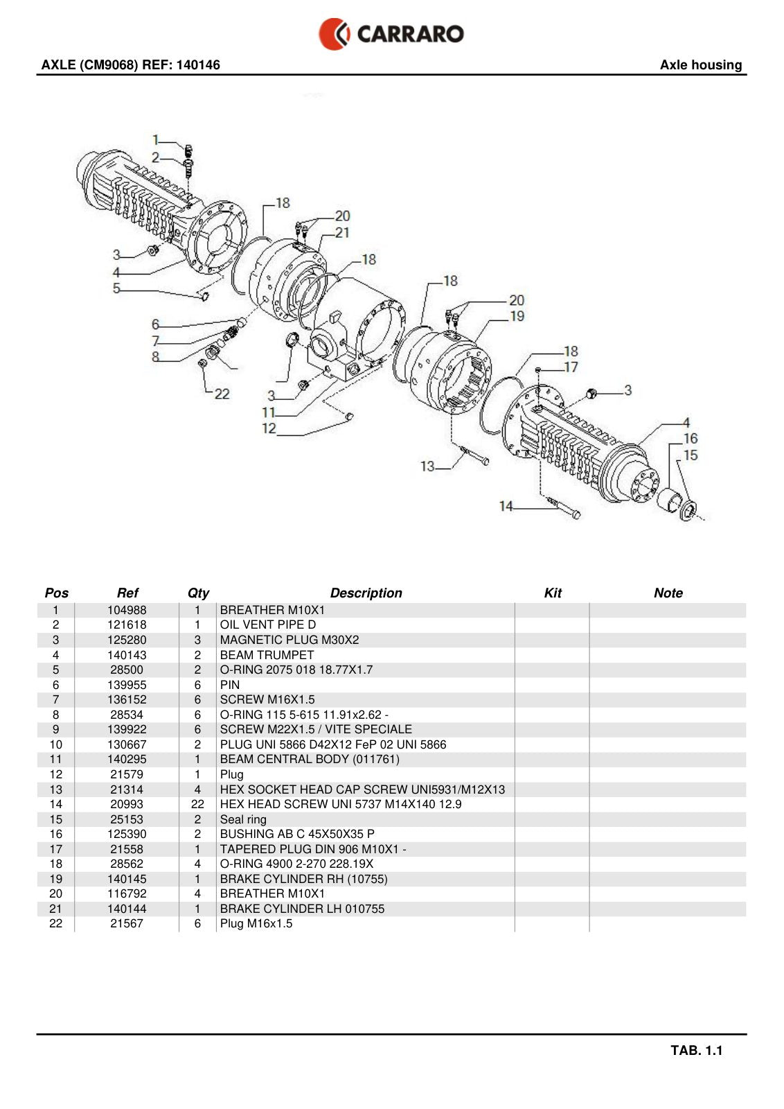 Carraro Axle Parts Catalog (Ref. 140146) – sample page 1