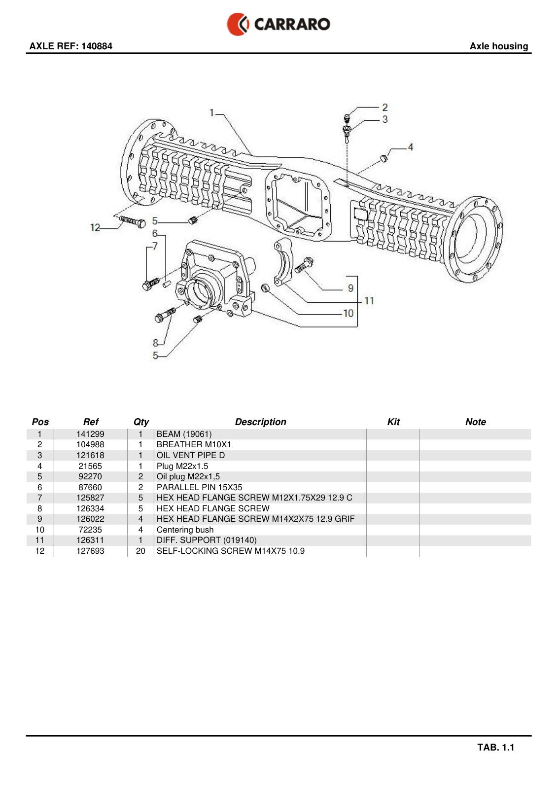 Carraro Axle Parts Catalog (Ref. 140884) – sample page 1