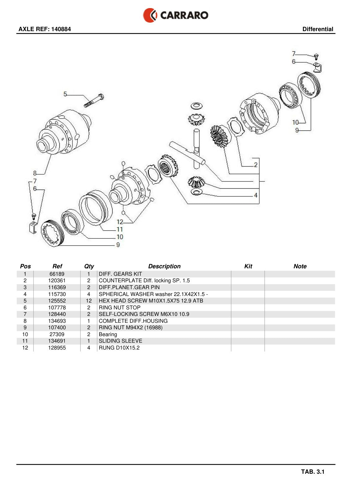 Carraro Axle Parts Catalog (Ref. 140884) – sample page 2