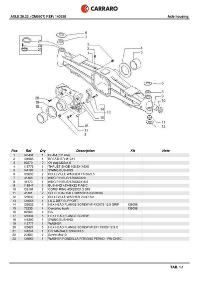 Carraro 26.22 Axle Parts Catalog (Ref. 140928, 136058) – sample page 1