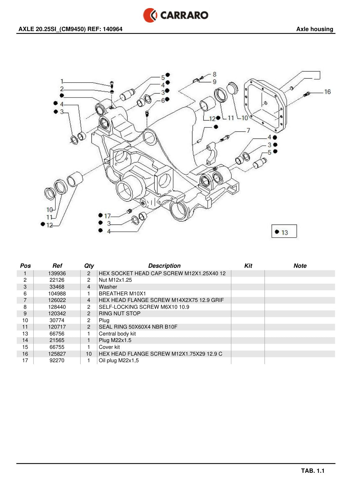 Carraro 20.25SI Axle Parts Catalog (Ref. 140964) – sample page 1