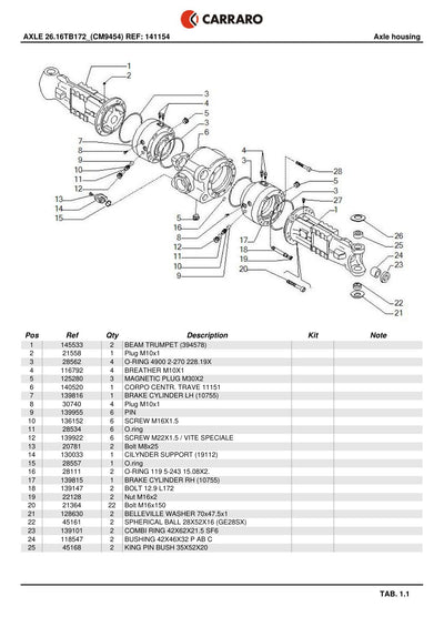 Carraro 26.16 + TB172 Axle with Transfer Box Parts Catalog (Ref. 141154) – sample page 1