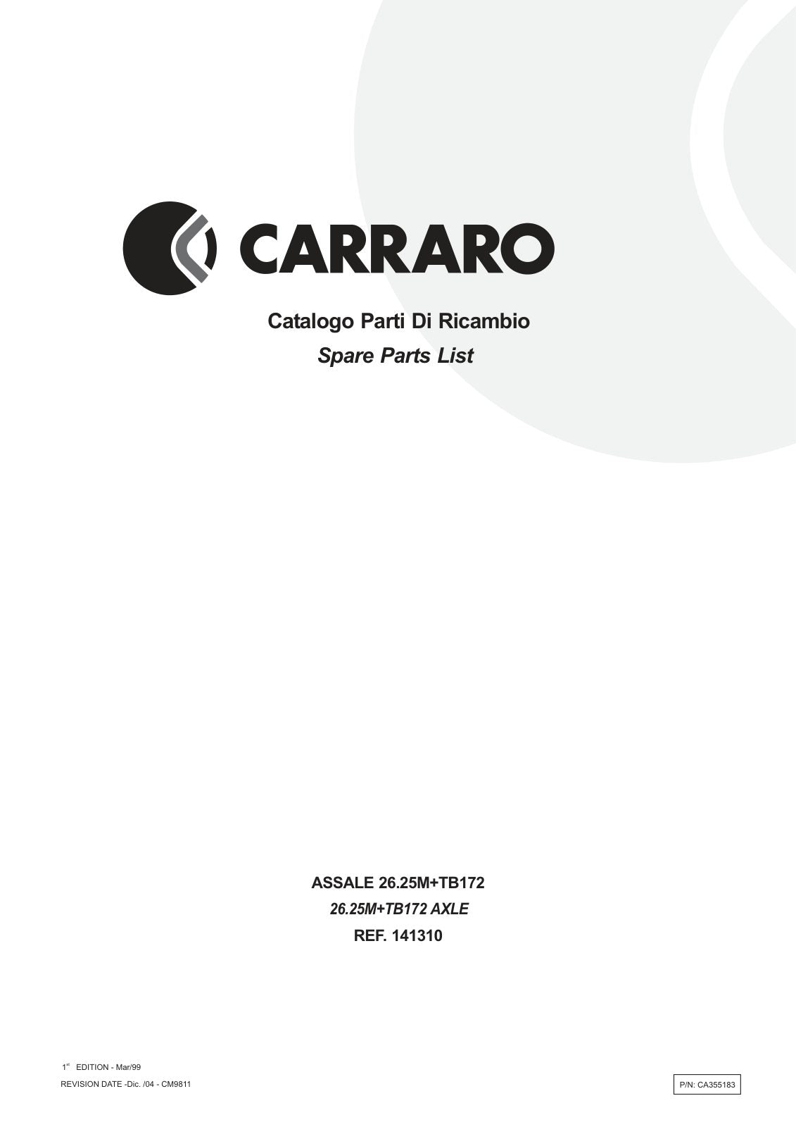 Carraro 26.25M + TB172 Axle with Transfer Box Parts Catalog (Ref. 141310) – cover