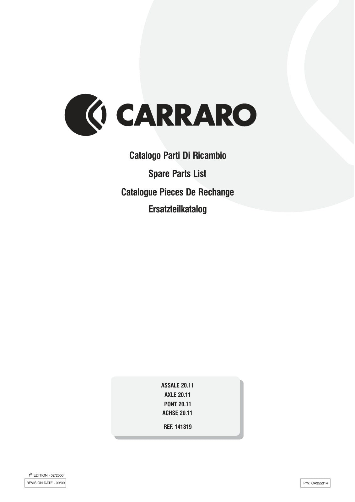 Carraro 20.11 Front Axle Parts Catalog (Ref. 141319) – cover