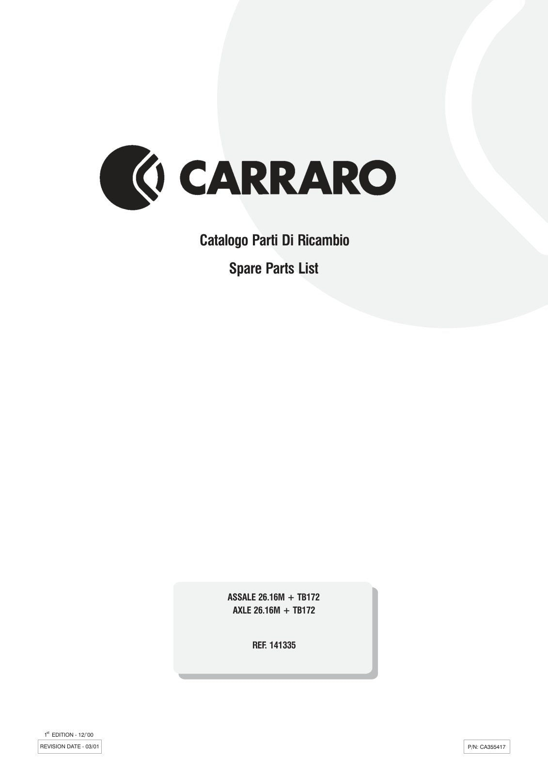 Carraro 26.16M + TB172 Axle with Transfer Box Parts Catalog (Ref. 141335) – cover