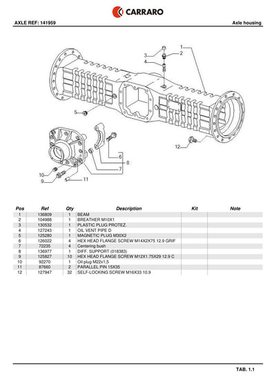 Carraro Axle Parts Catalog (Ref. 141959) – sample page 1