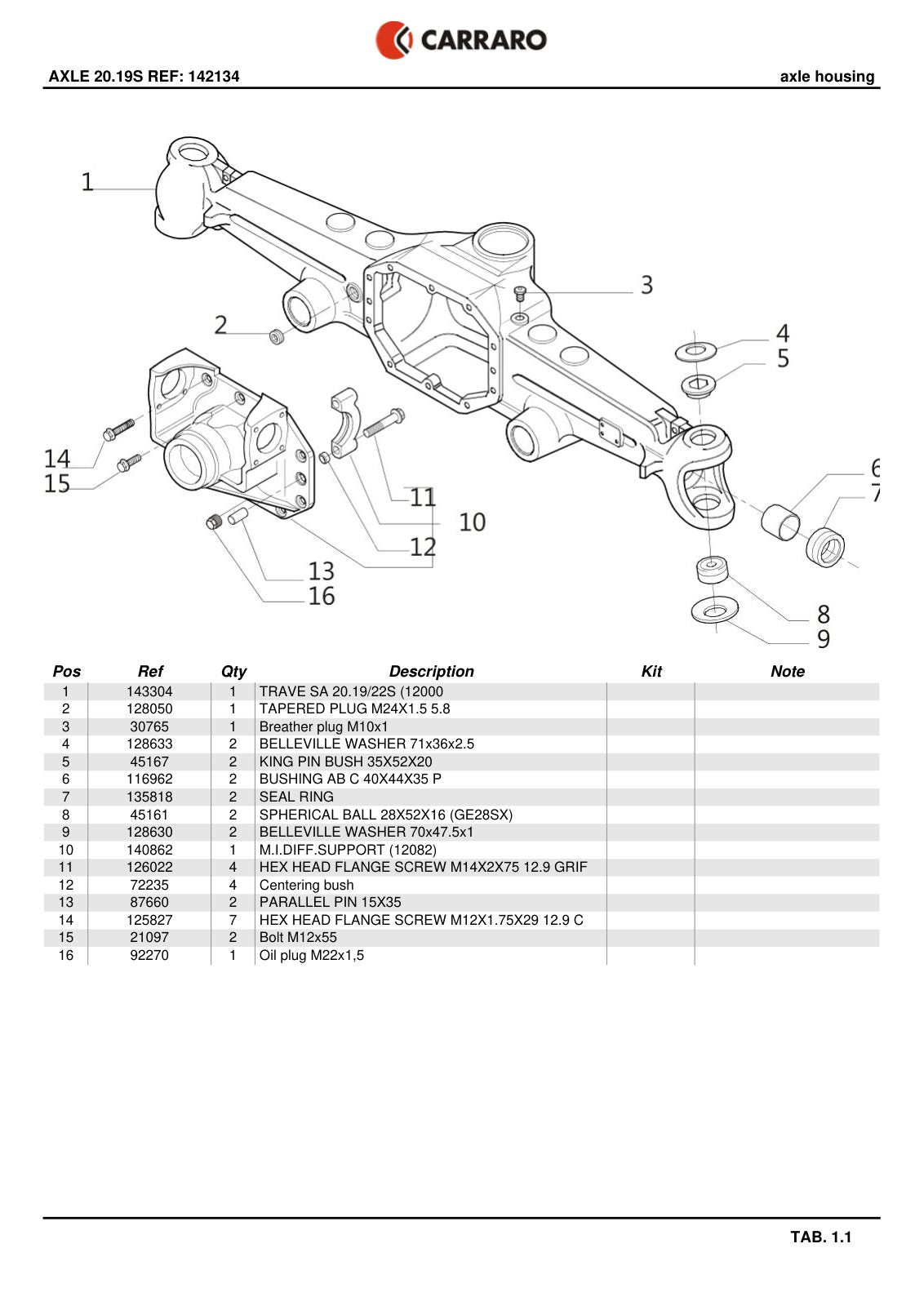 Carraro 20.19S Axle Parts Catalog (Ref. 142134) – sample page 1