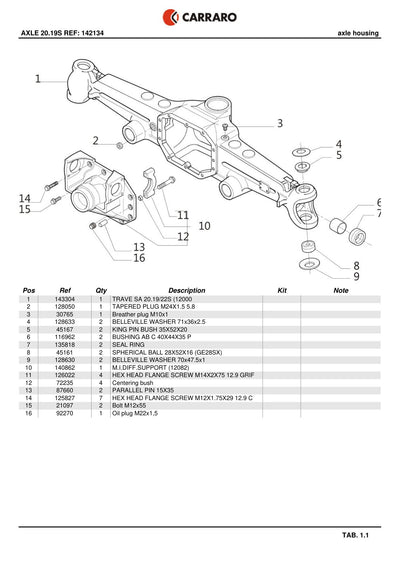 Carraro 20.19S Axle Parts Catalog (Ref. 142134) – sample page 1
