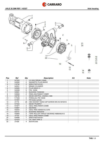 Carraro 26.38M Axle Parts Catalog (Ref. 142327) – sample page 1