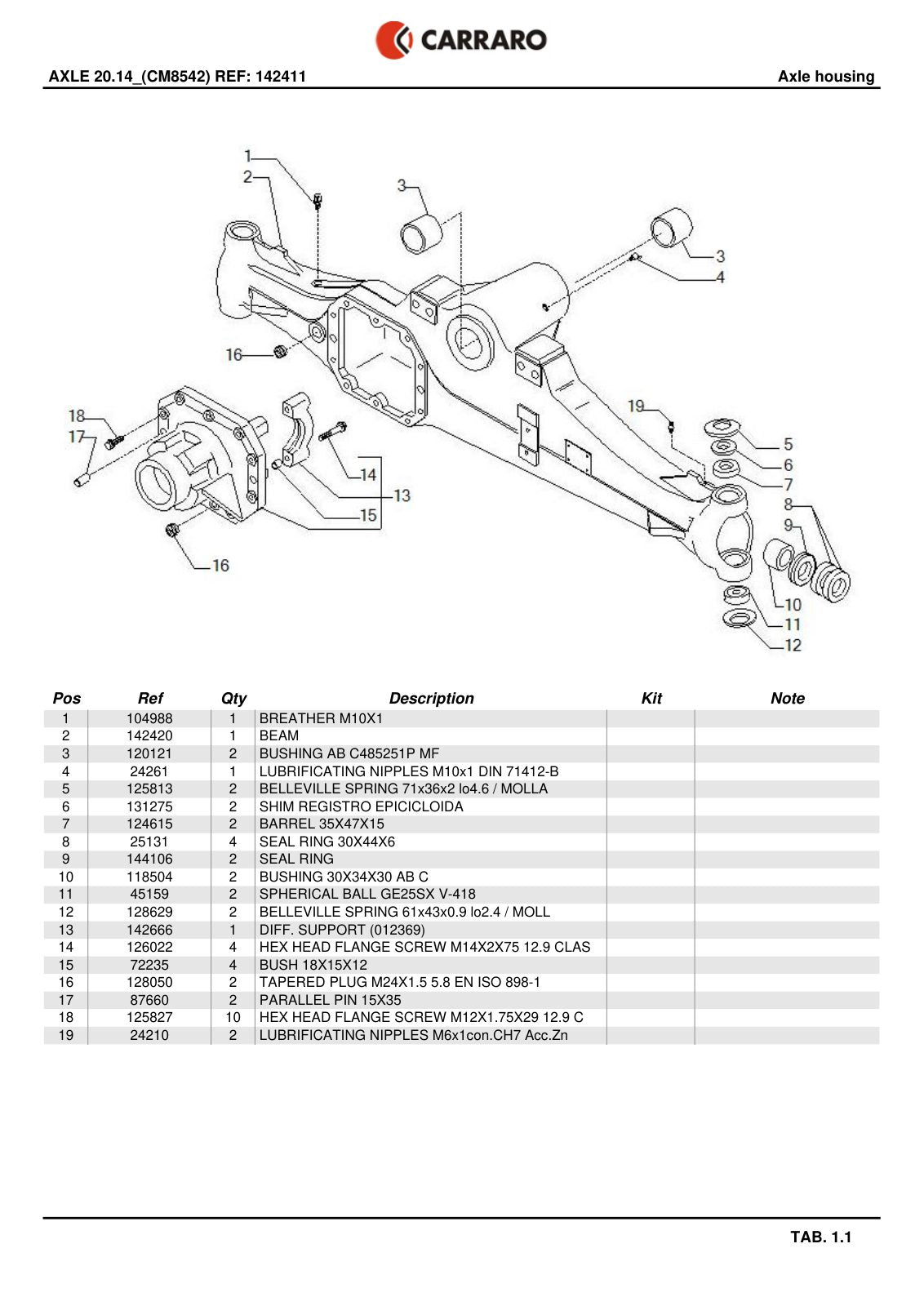 Carraro 20.14 Axle Parts Catalog for Massey Ferguson (Ref. 142411) – sample page 1