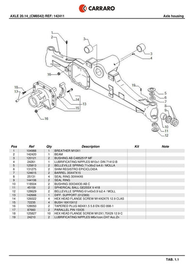 Carraro 20.14 Axle Parts Catalog for Massey Ferguson (Ref. 142411) – sample page 1