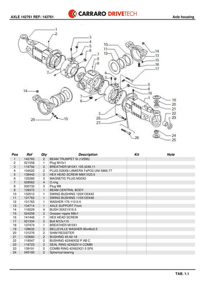 Carraro Axle Parts Catalog (Ref. 142761) – sample page 1