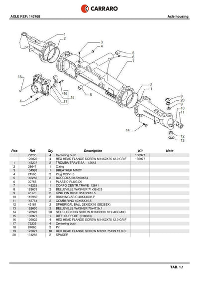 Carraro Axle Parts Catalog (Ref. 142768, 136977) – sample page 1