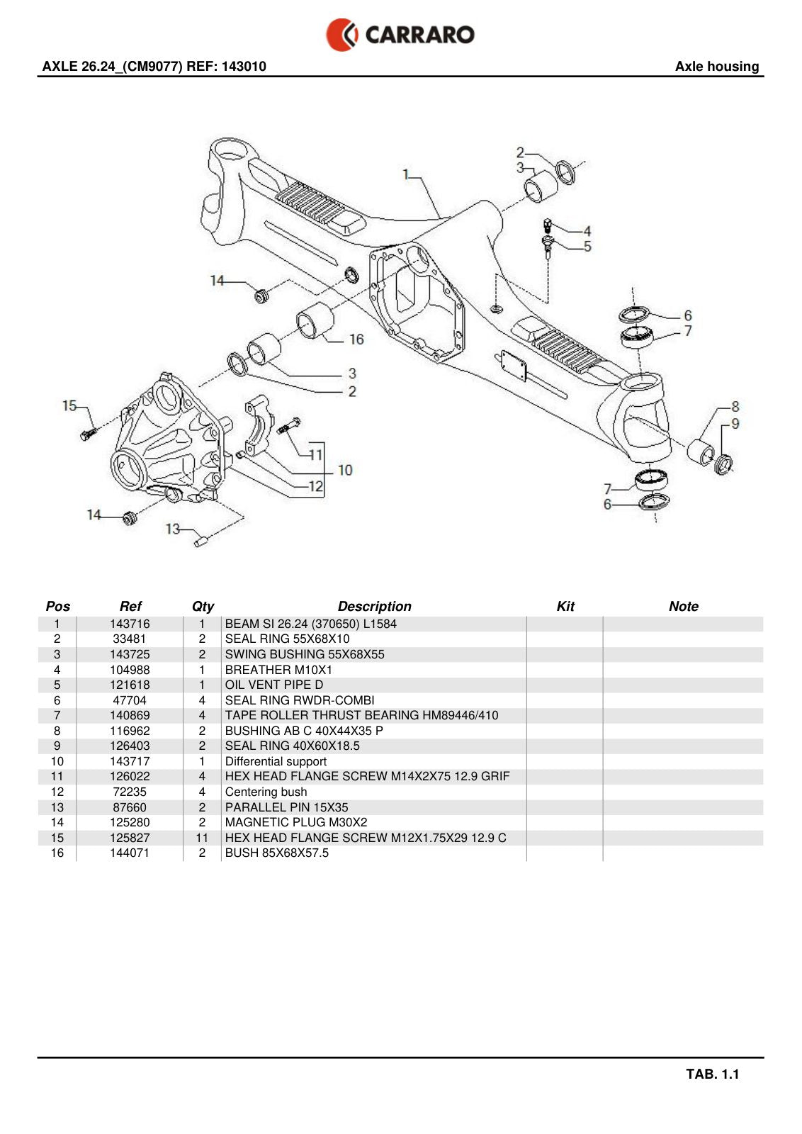 Carraro 26.24 Axle Parts Catalog (Ref. 143010) – sample page 1