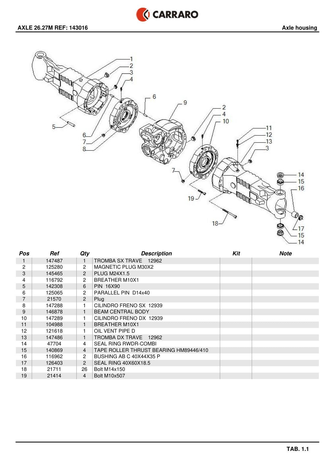 Carraro 26.27M Axle Parts Catalog (Ref. 143016) – sample page 1