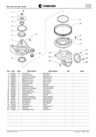 Carraro MDU150 (18/1) Reduction Unit Parts Catalog (Ref. 143329) – sample page 1