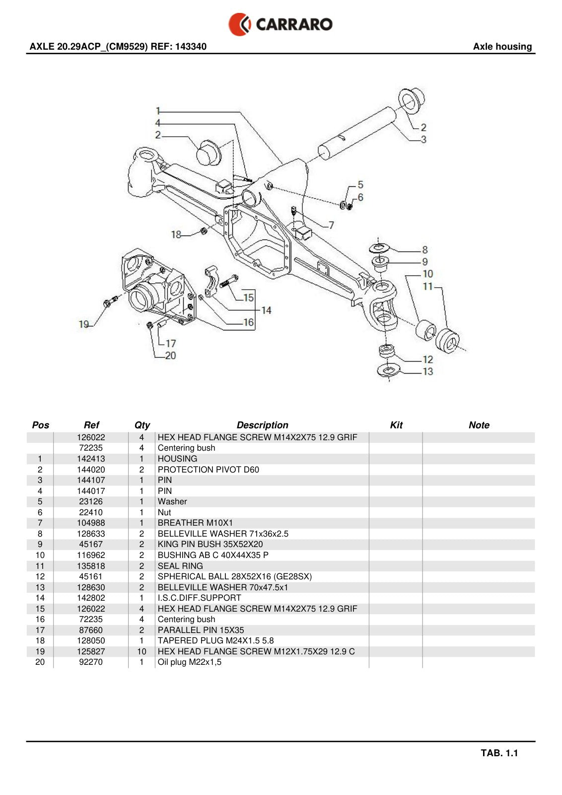 Carraro 20.29ACP Axle Parts Catalog (Ref. 143340) – sample page 1