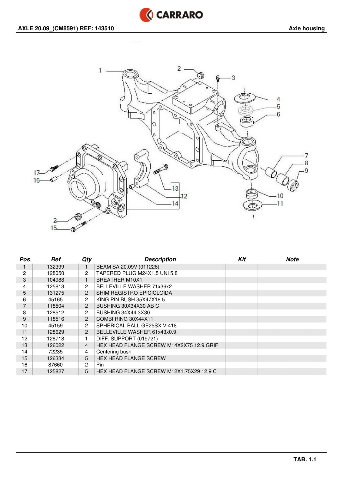 Carraro 20.09 Axle Parts Catalog (Ref. 143510) – sample page 1