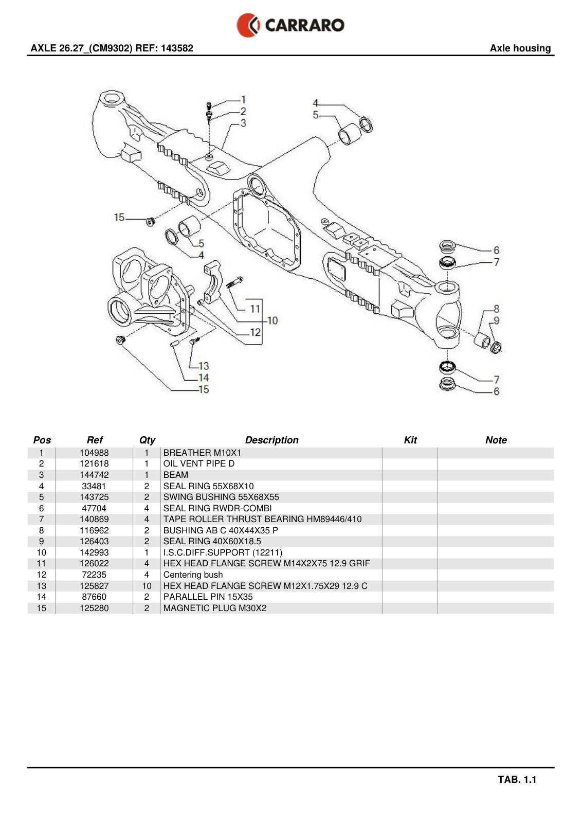 Carraro 26.27 Axle Parts Catalog (Ref. 143582) – sample page 1
