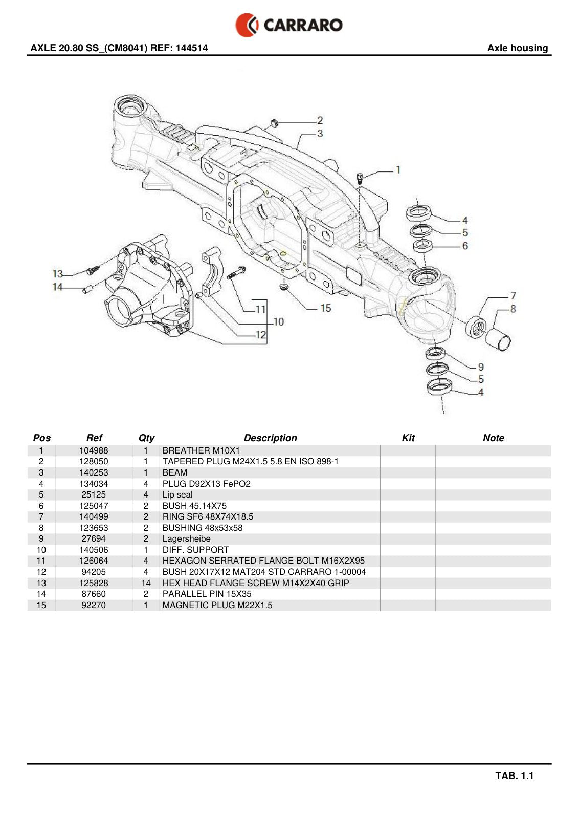 Carraro 20.80 Axle Parts Catalog (Ref. 144514) – sample page 1