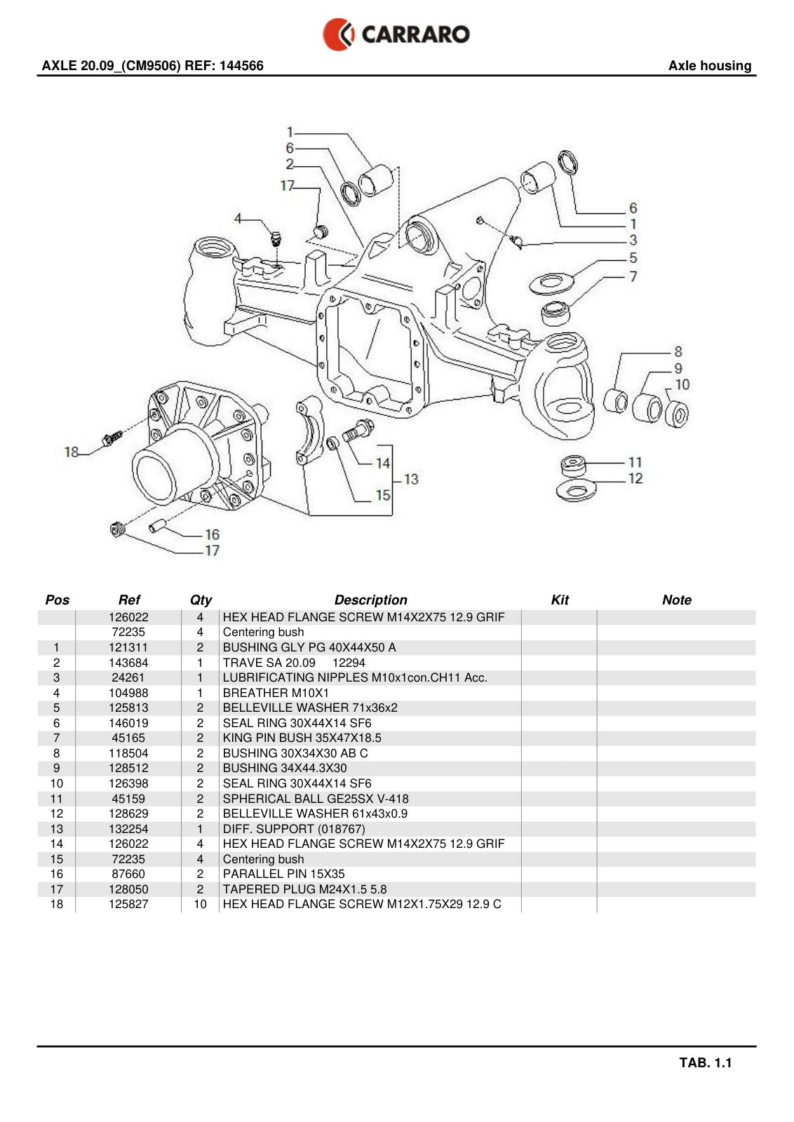 Carraro 20.09 Axle Parts Catalog (Ref. 144566) – sample page 1