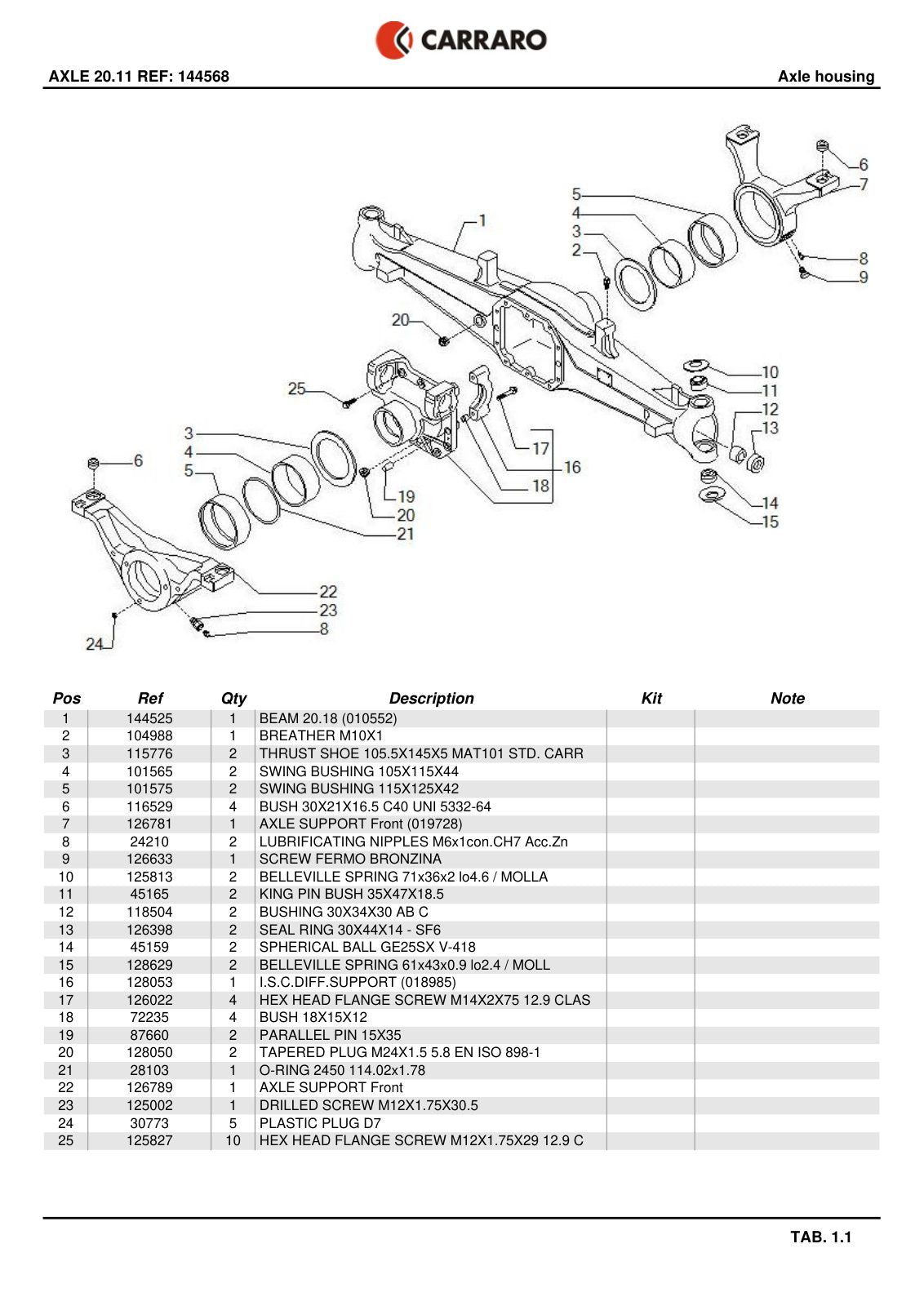 Carraro 20.11 Axle Parts Catalog (Ref. 144568) – sample page 1