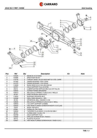 Carraro 20.11 Axle Parts Catalog (Ref. 144568) – sample page 1