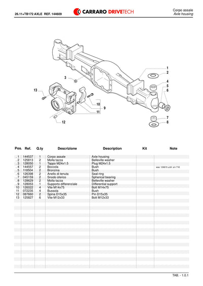 Carraro 26.11 + TB172 Axle with Transfer Box Parts Catalog (Ref. 144609) – sample page 1
