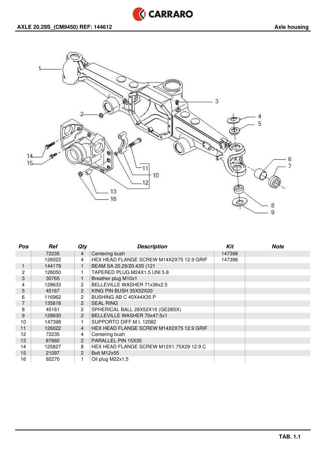 Carraro 20.29S Axle Parts Catalog (Ref. 144612, 147398) – sample page 1