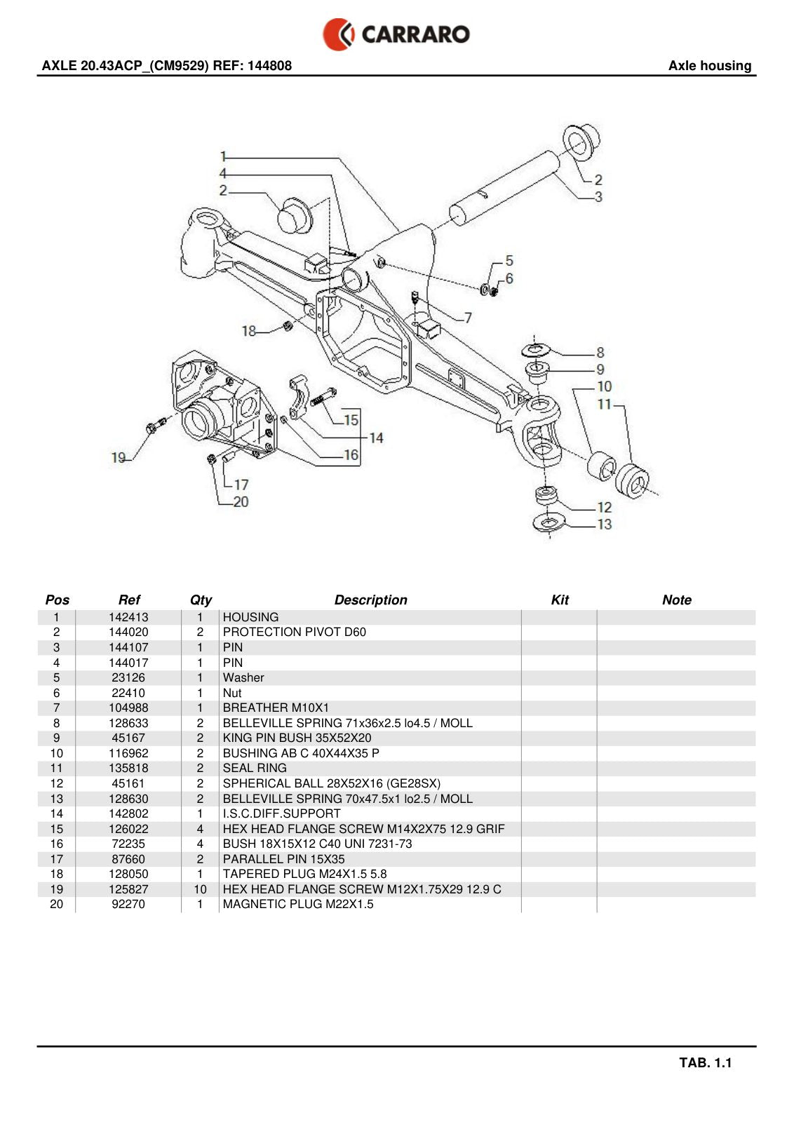 Carraro 20.43ACP Axle Parts Catalog (Ref. 144808) – sample page 1