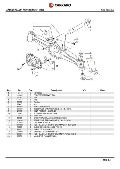 Carraro 20.43ACP Axle Parts Catalog (Ref. 144808) – sample page 1