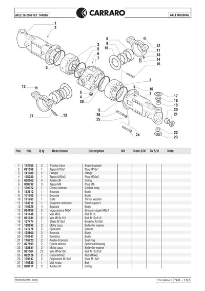 Carraro 26.20M Axle Parts Catalog (Ref. 144980) – sample page 1