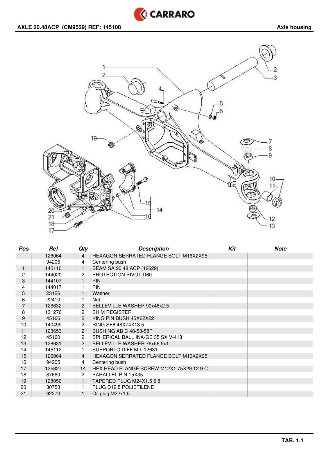 Carraro 20.48ACP Axle Parts Catalog (Ref. 145108) – sample page 1