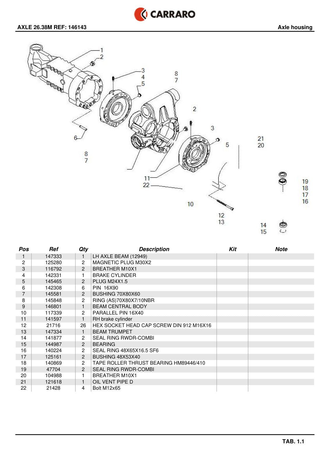 Carraro 26.38M Axle Parts Catalog (Ref. 146143) – sample page 1