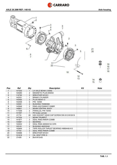 Carraro 26.38M Axle Parts Catalog (Ref. 146143) – sample page 1