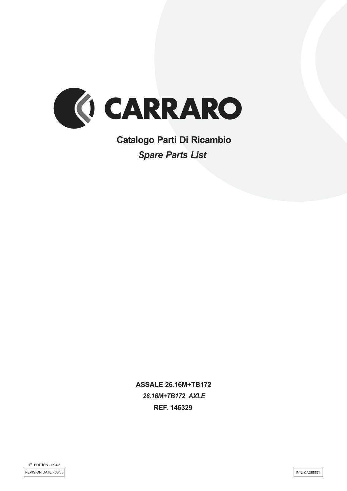Carraro 26.16M + TB172 Axle with Transfer Box Parts Catalog (Ref. 146329) – cover