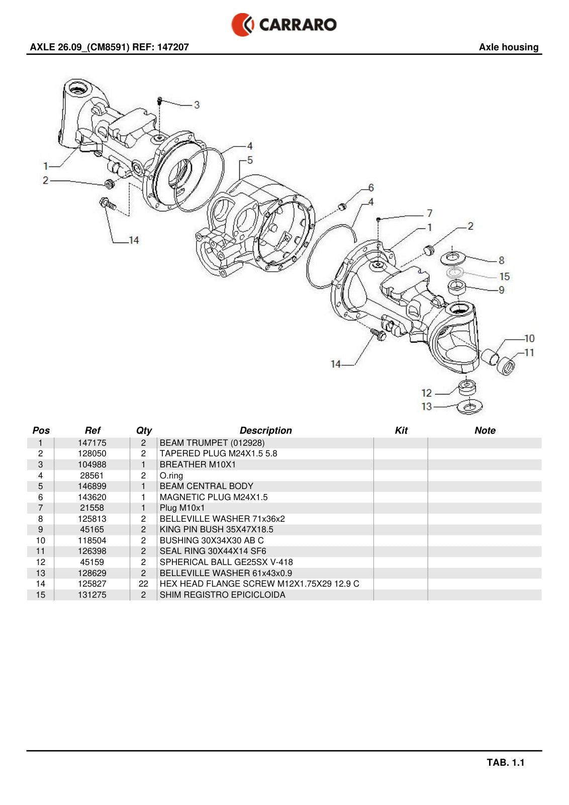 Carraro 26.09 Axle Parts Catalog (Ref. 147207) – sample page 1