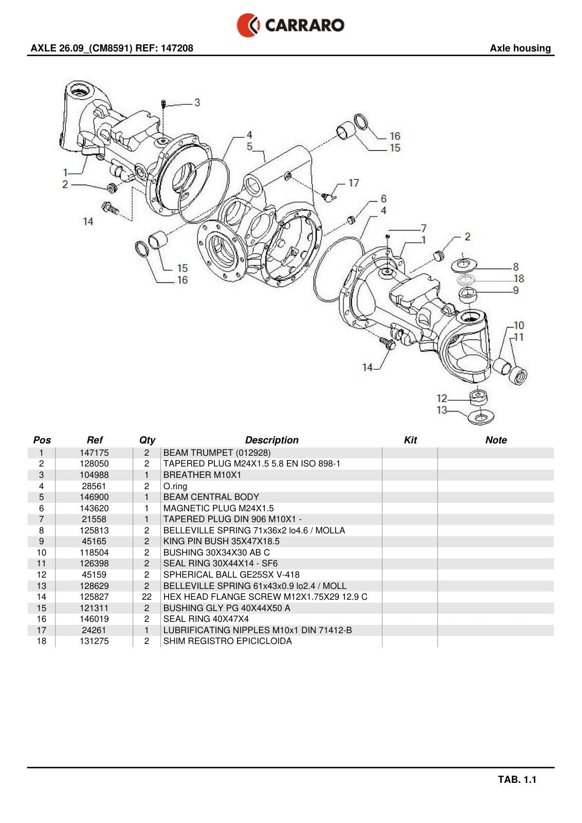 Carraro 26.09 Axle Parts Catalog (Ref. 147208) – sample page 1