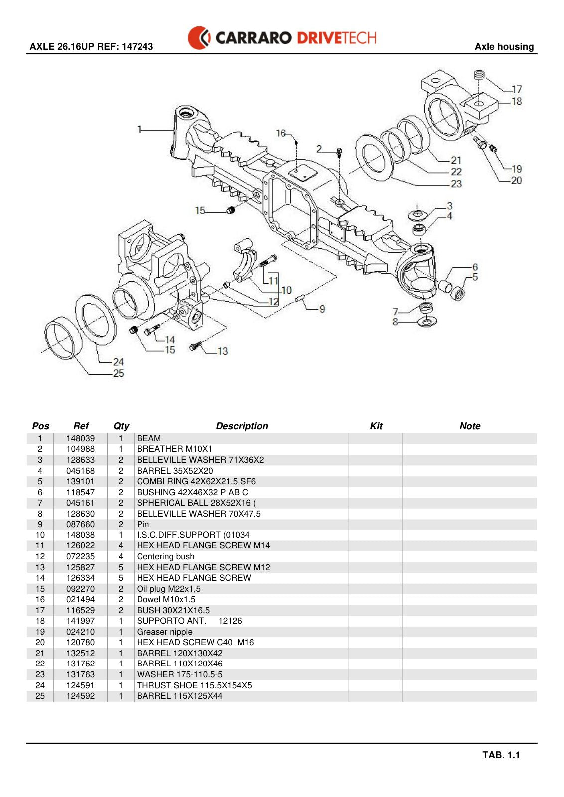 Carraro 26.16UP Axle Parts Catalog (Ref. 147243) – sample page 1