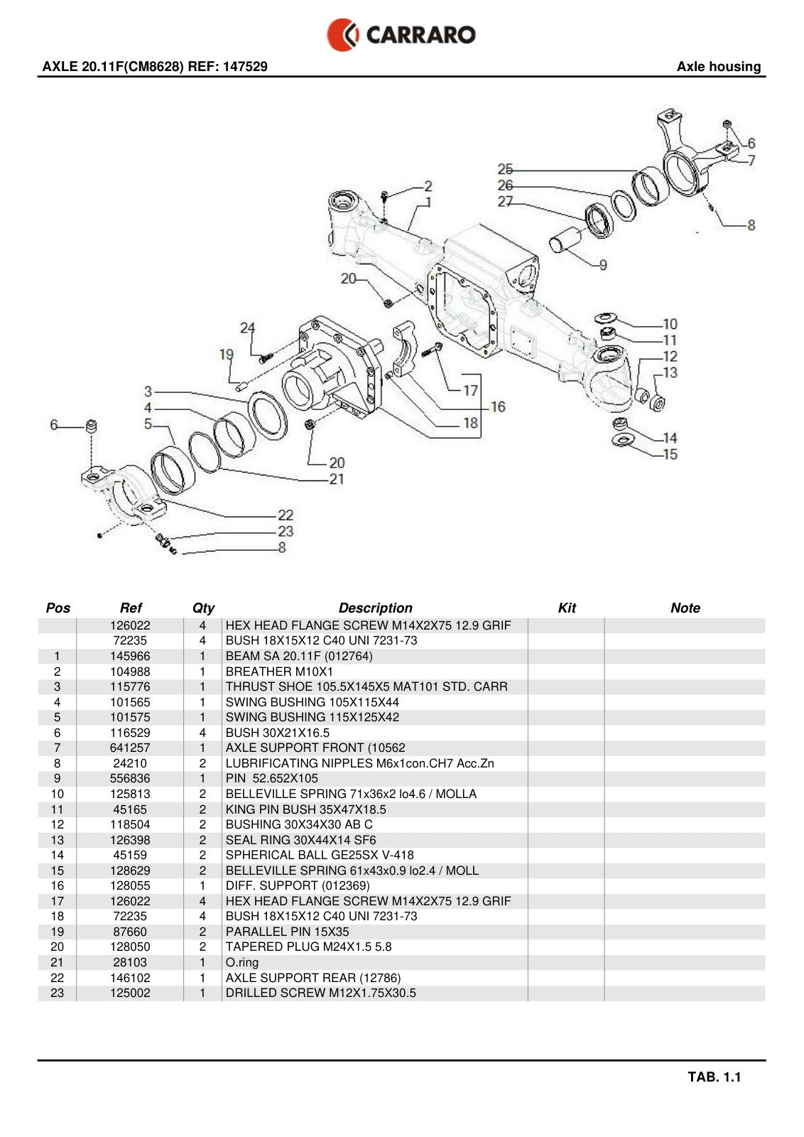 Carraro 20.11F Axle Parts Catalog (Ref. 147529) – sample page 1