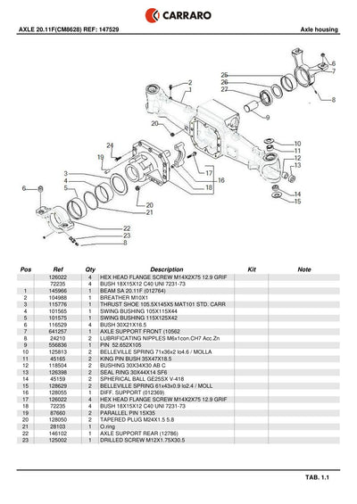 Carraro 20.11F Axle Parts Catalog (Ref. 147529) – sample page 1