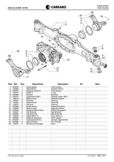 Carraro 20.16 Axle Parts Catalog (Ref. 147795) – sample page 1